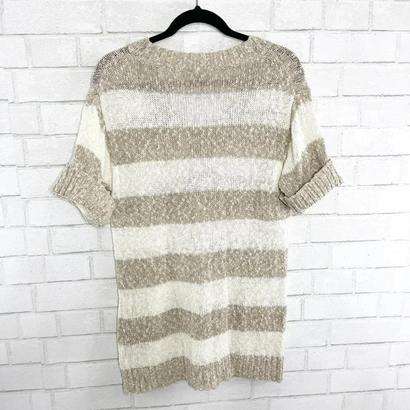 Lafayette 148 White & Tan Striped Open Knit Short Sleeve Sweater Linen + Cotton - Picture 5 of 8